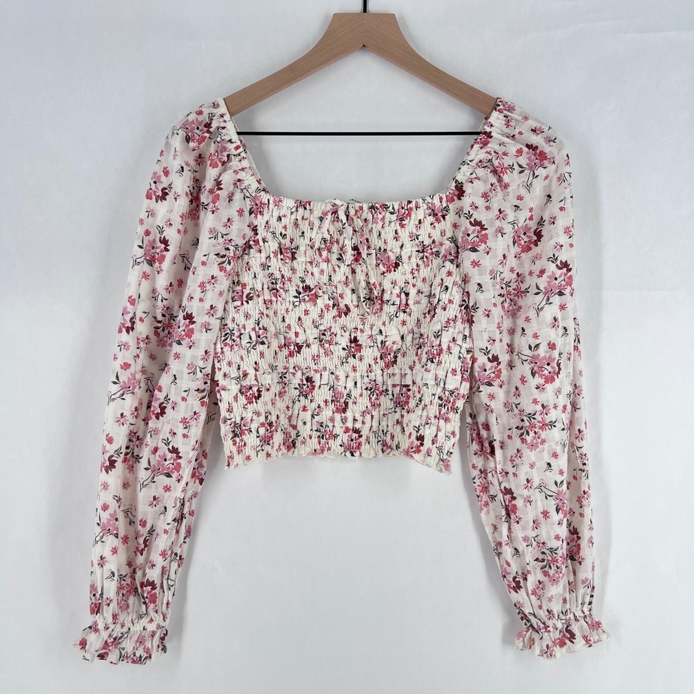 American Eagle Outfitters Smocked Crop Top Women Medium White Floral Square Neck